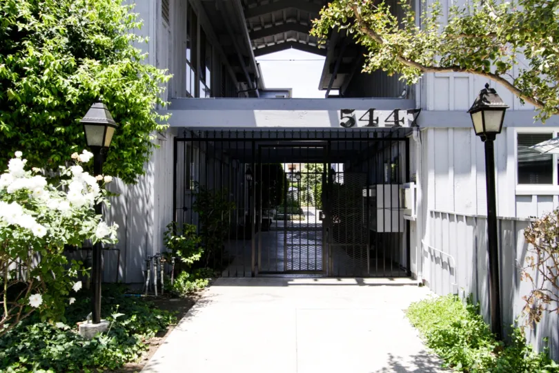 The gated entrance of Haven Gardens located in Encino