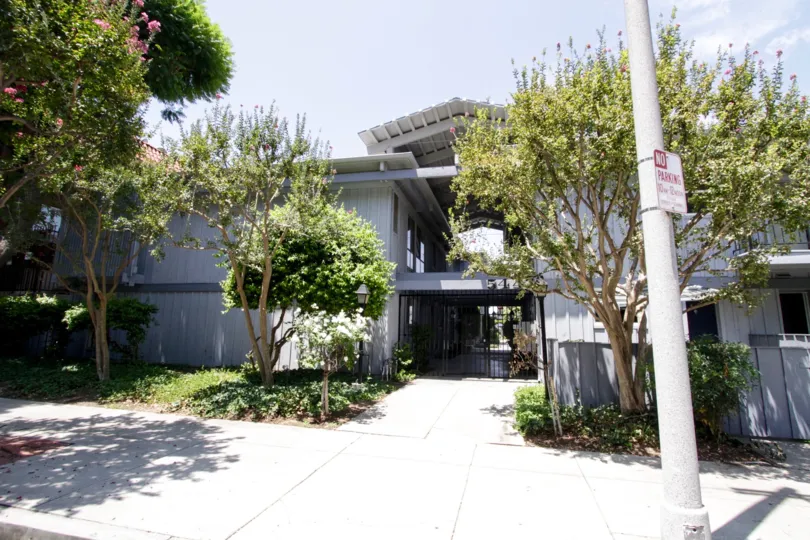 A view of the walkway into the Haven Gardens building in Encino