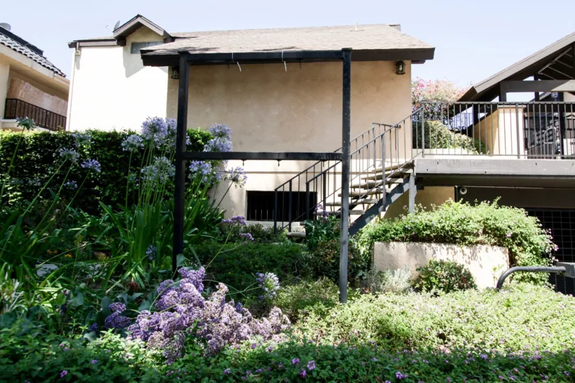 The stairwell in Newcastle Gardens surrounded by landscaping