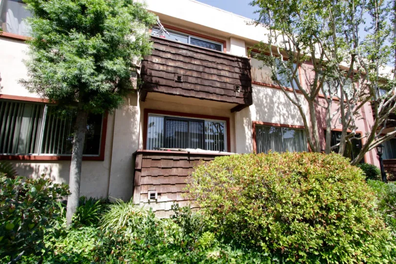 The wooden balconies located at Newcastle Manor in Encino