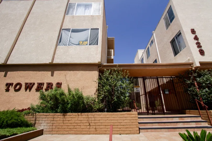 The gated entrance to Shelbourne Towers located in Encino