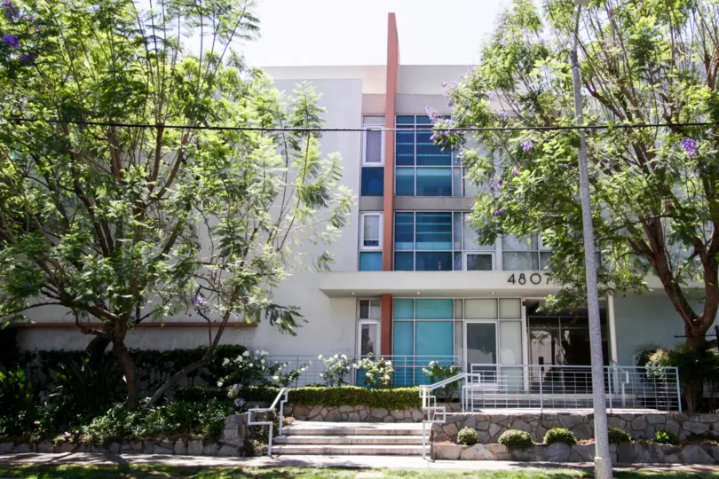 From the street, a view of the Woodley Manor building in Encino