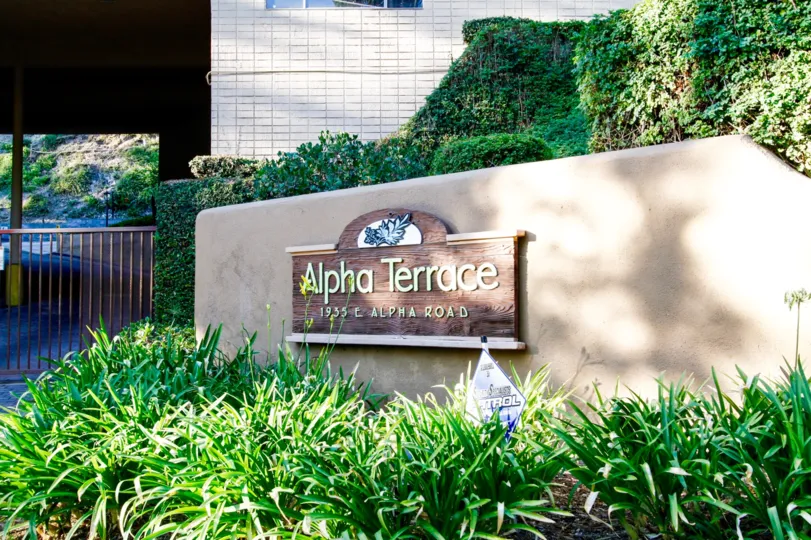 The sign welcoming you to Alpha Terrace Gardens in Glendale California