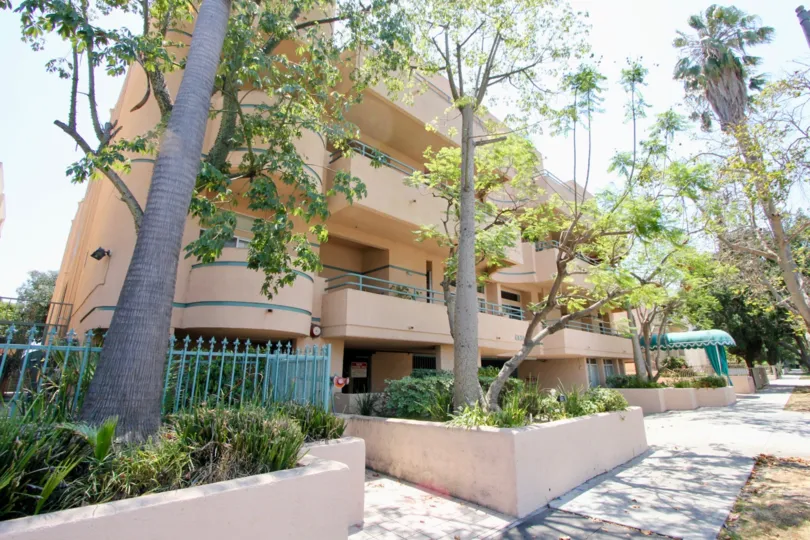 Elmwood Regency building with blue fence and entrance, nice palm trees and sidwalk