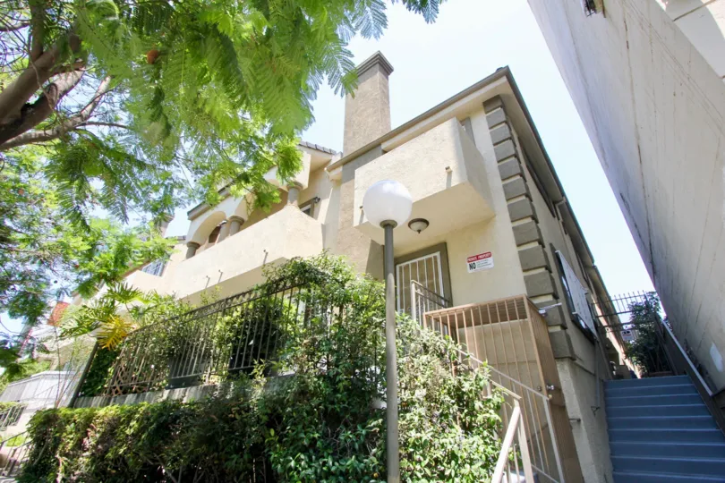 Lower view of a house with black iron stairs full of green creepers