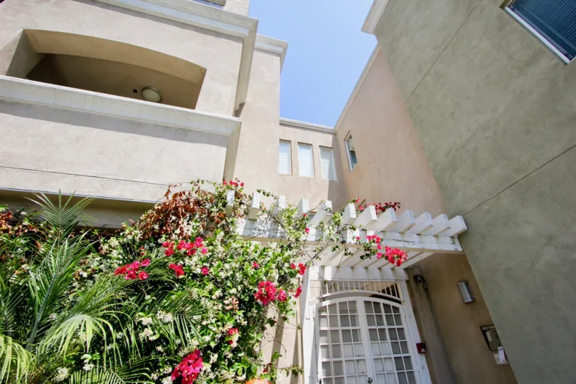 Beautiful flowers and palm ferns arched over a doorway of the Wilton Plaza in Hancock Park California.