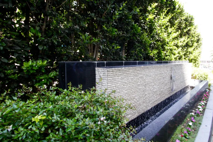 A long fountain greets residence to Franklin Towers
