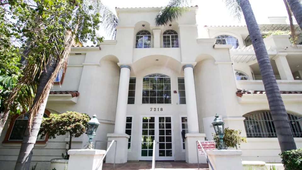 The three story entrance to Hillside Gardens in Hollywood
