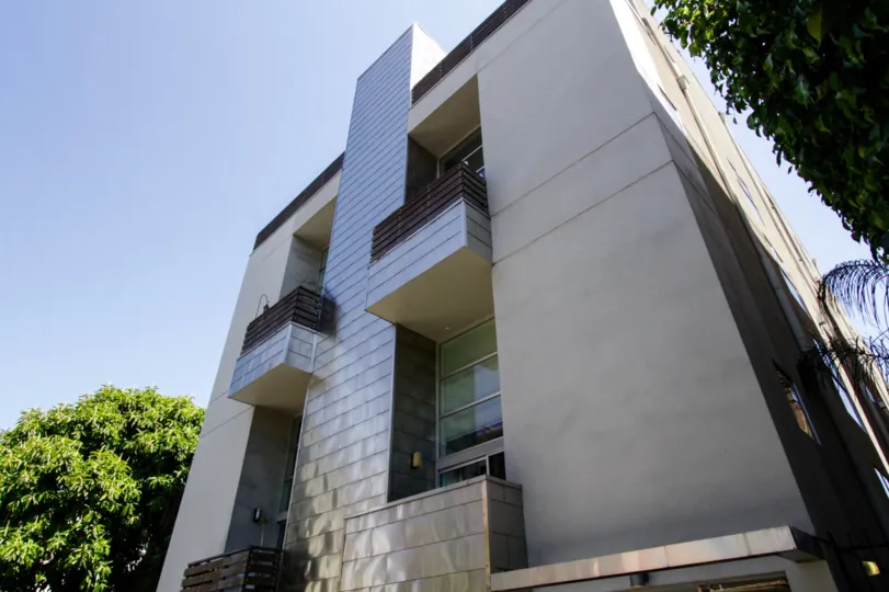 Hollywood Lofts is a modern building with straight lines, stucco and metal accents