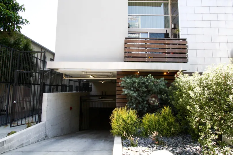 The Hollywood Lofts balconies are made of wood slates fastened with large metal bolts