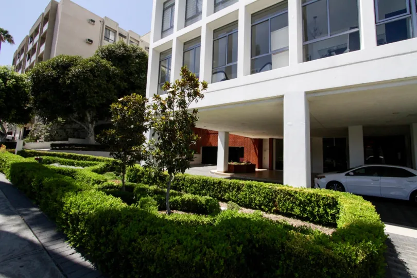 A large planter greets residents of Hollywood Versailles Tower