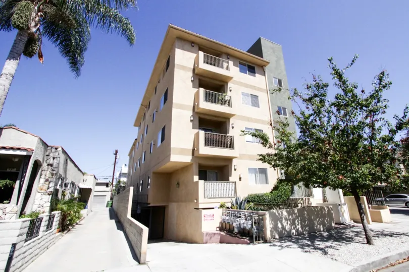 Hudson Villas is a four story building made of wrapped in stucco in Hollywood