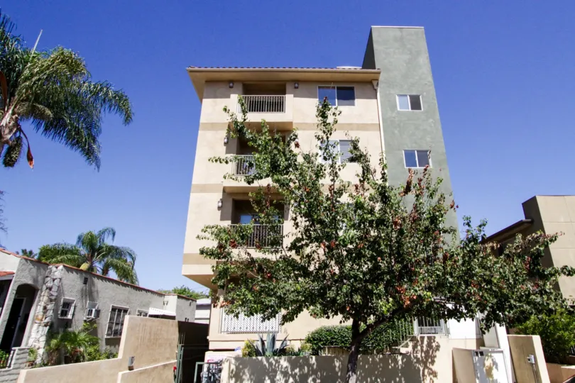 A large tree stands in front of Hudson Villas