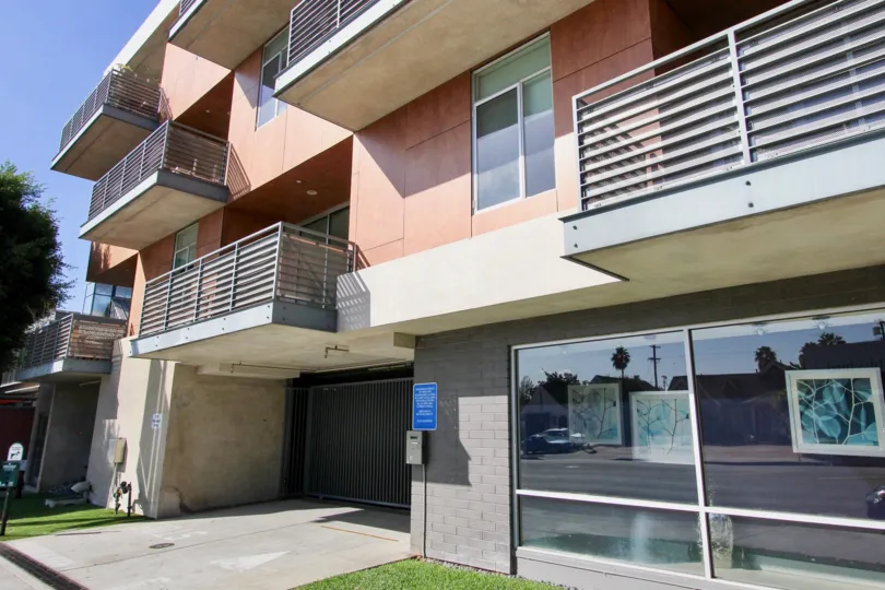 The large windows in the Larchmont Lofts building