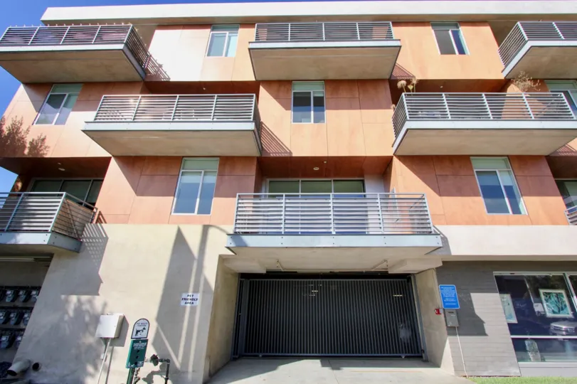 The garage for resident parking at Larchmont Lofts in Hollywood, California