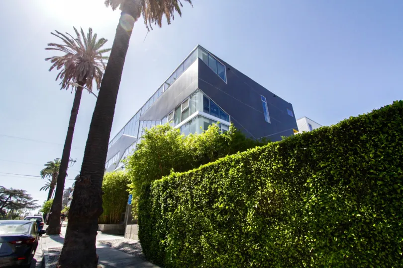 From the side of WA Lofts you see large glass walls mixed with dark grey stucco