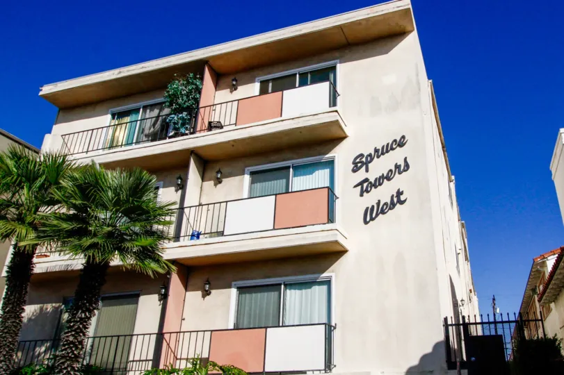 The name of the Spruce Towers West on the building