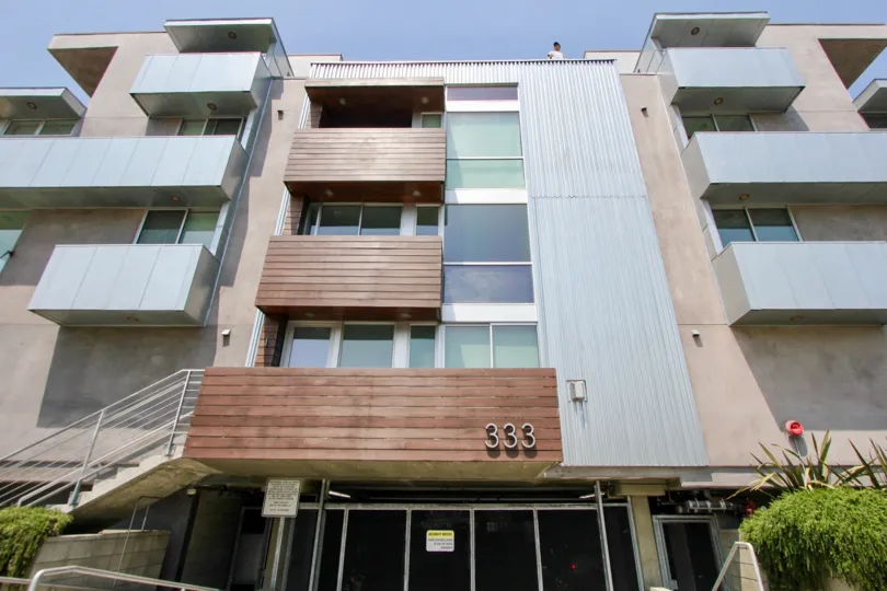 Modern style apartment building with balconies in Koreatown, California