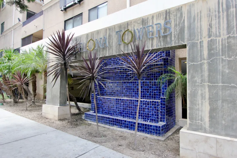 Bright Mediterranean tilework stands outside the Barcelona Towers in a Korea Town district of California.