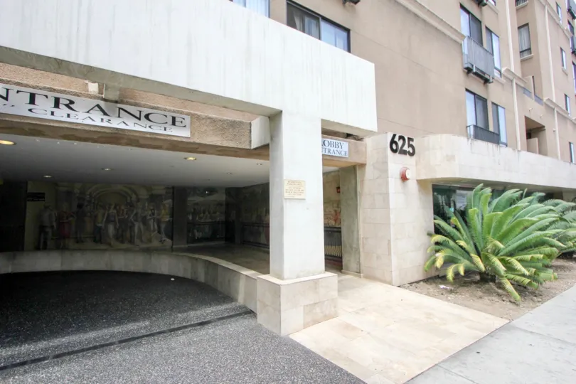 Underground Parking lot entrance with connecting lobby for the Barcelona Tower in the city of Koreatown, California
