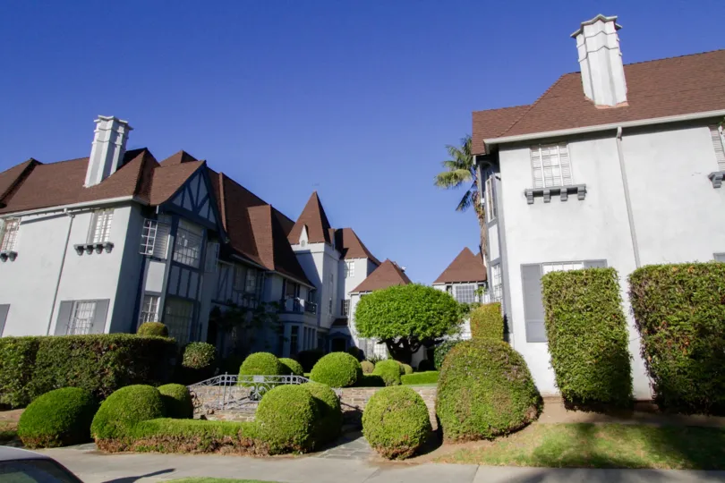 Chateau Alpine is a u shaped building with gardens in the center