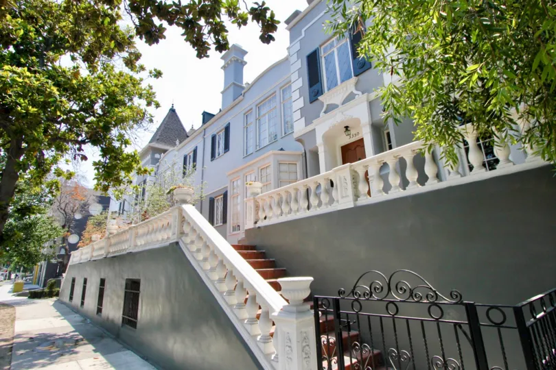 View from sidewalk of French Chateau building in Koreatown, CA