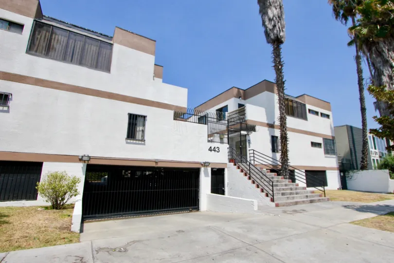 Modern architecture and secured subterranean garage at the Gramercy Townhouse in Koreatown, California.