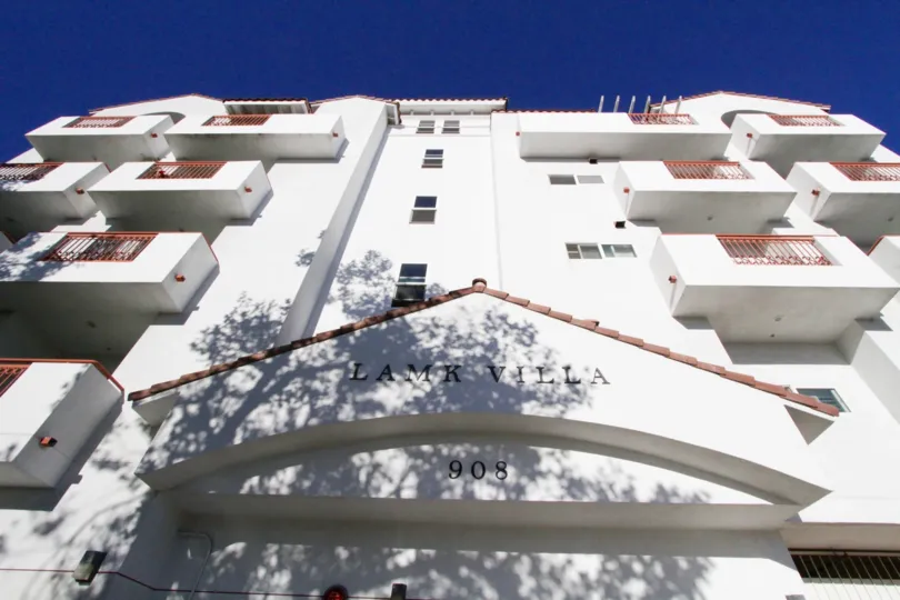 From the entry of Lamk Villa looking up to see the balconies of the building