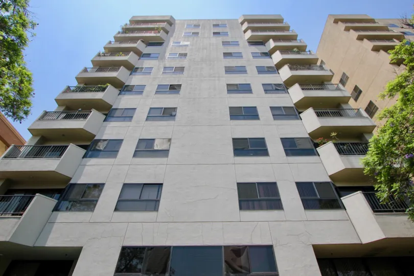 The Richmore Garden Towers climb towards the blue sky in beautiful Koreatown, California