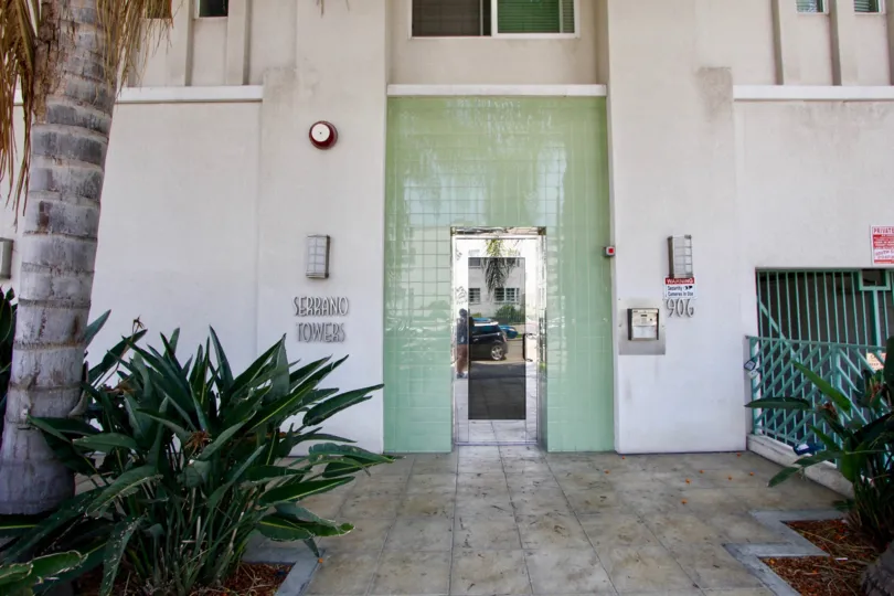 A sunny day at the front part of the Serrano Towers' community in Koreatown, CA
