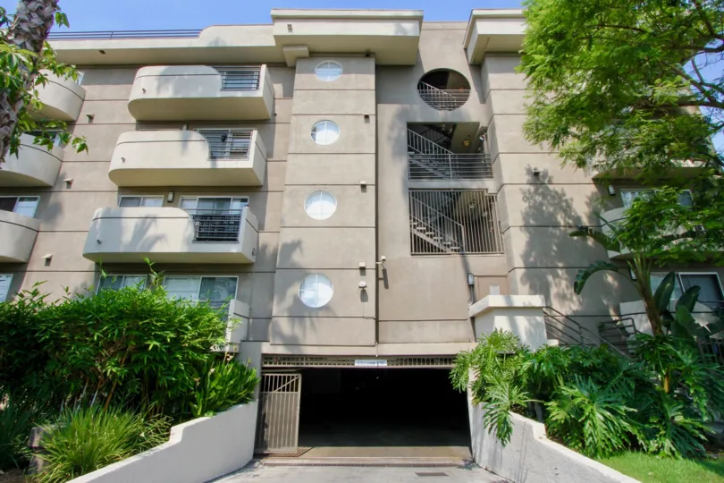 Entrance to the underground parking of a building, where the access gate is open