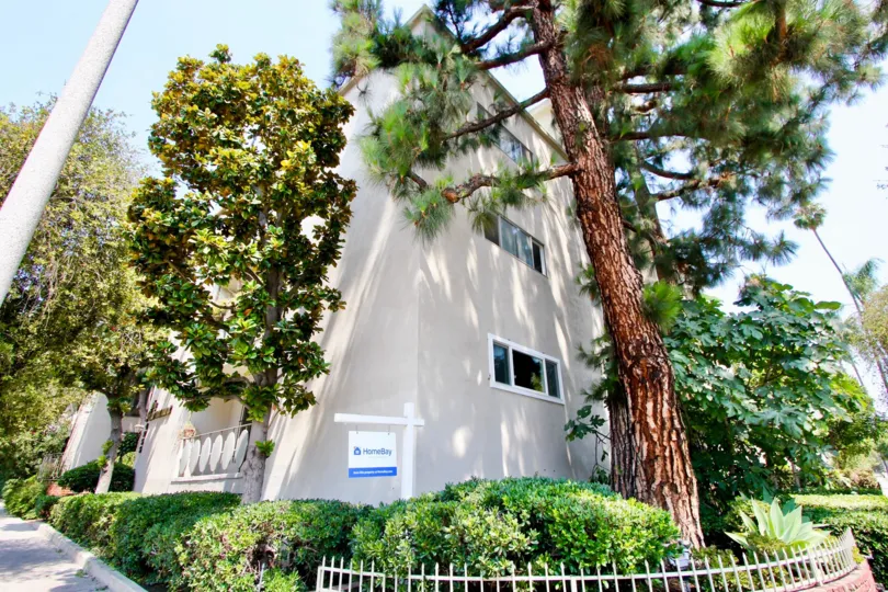 A sunny day at an apartment complex in The Fairmount, Koreatown, California with beautiful trees and foliage.