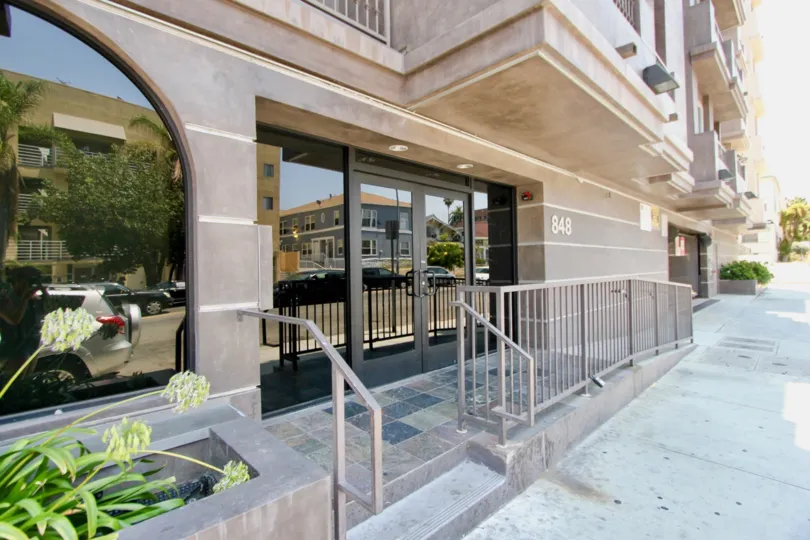 Modern facade in front of the The Juniper building in Koreatown, California