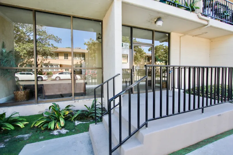 The entryway into Bixby Villas in Long Beach, California