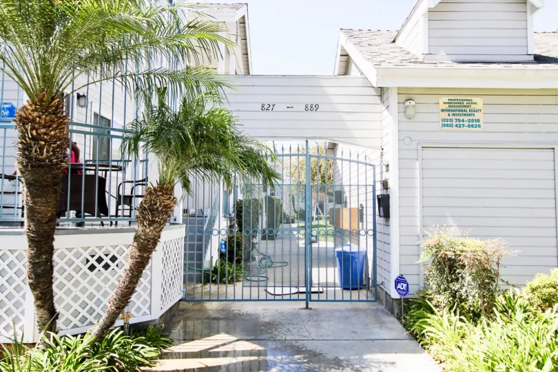 The gate into Drake Village in Long Beach, California