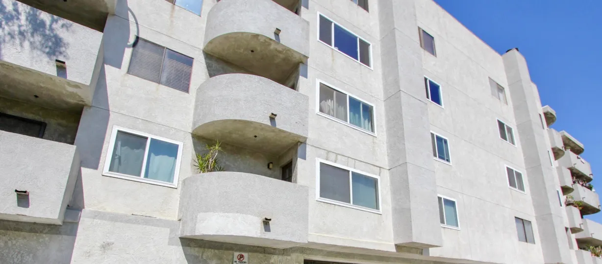 The balconies at Elm Plaza in Long Beach, California