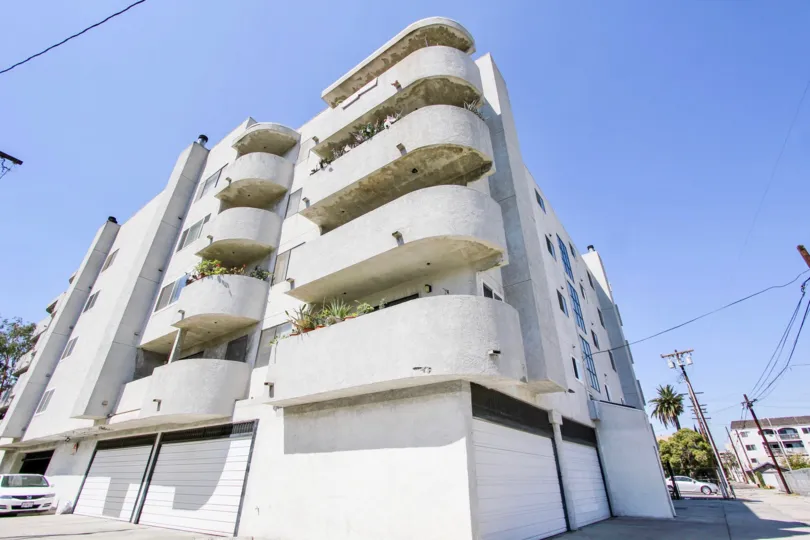The garages for resident parking in Elm Plaza