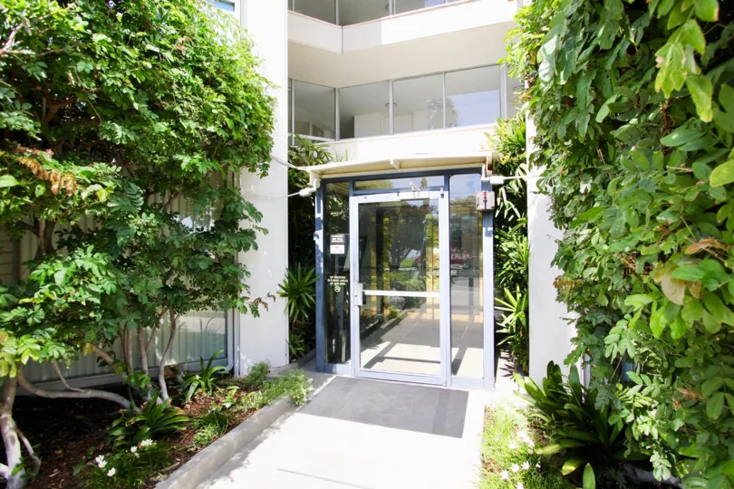 The entrance into Galaxy Tower in Long Beach, California