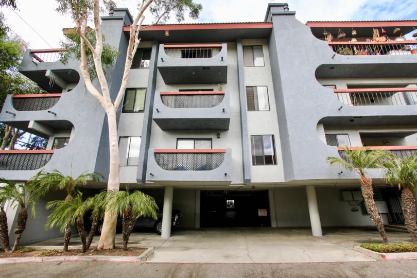 A secure entrance to a four story apartment building that is located in Loma Linda, Long Beach, California.