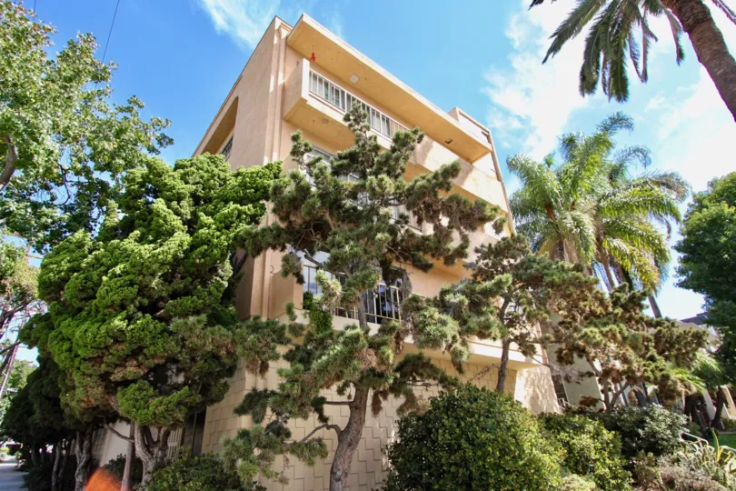 The trees in front of Pacific Manor in Long Beach, California