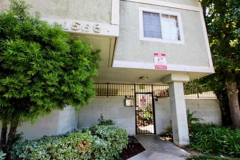 The entrance into Pine Villas in Long Beach, California