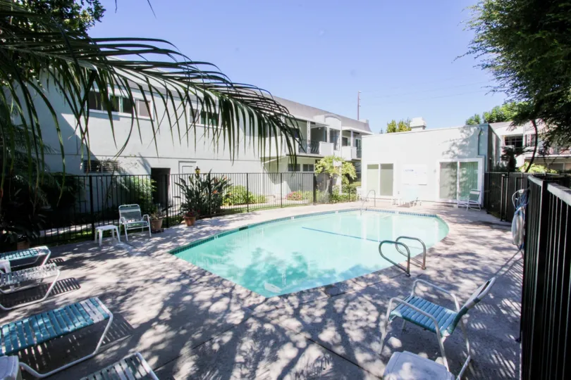 The pool area at Sovereign Park Estates in Long Beach, California
