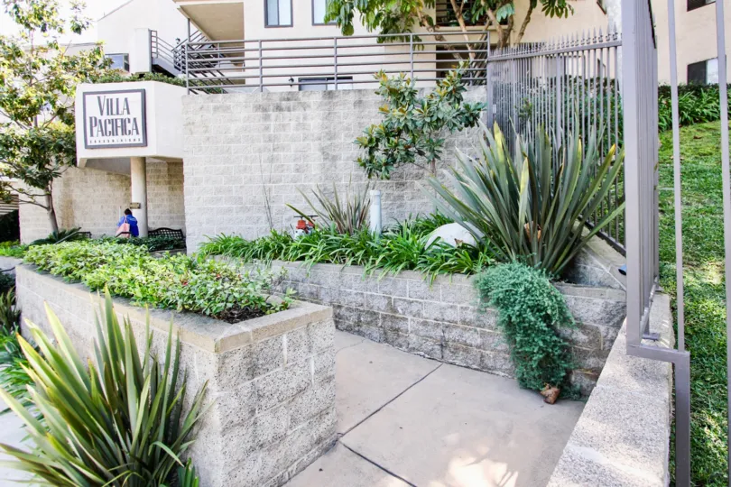 The sidewalk up to Villa Pacifica in Long Beach, California
