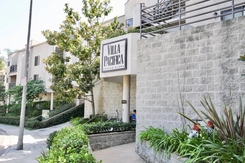 The Villa Pacifica name on the building in Long Beach, California