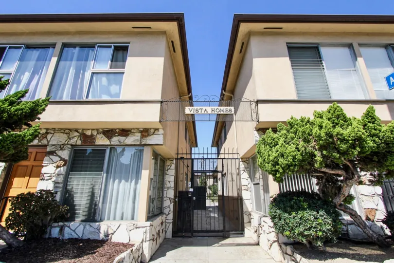 The gate between the buildings in Vista Homes located in Long Beach, California
