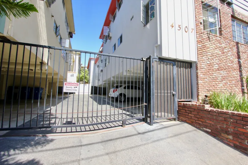 The gate into the parking area for Finhurst Garden