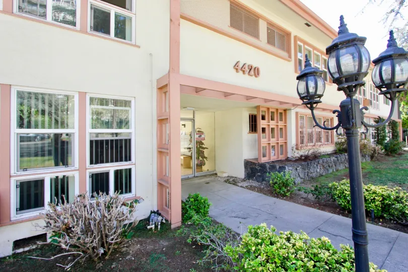 The sidewalk into Franklin Manor in Los Feliz, California
