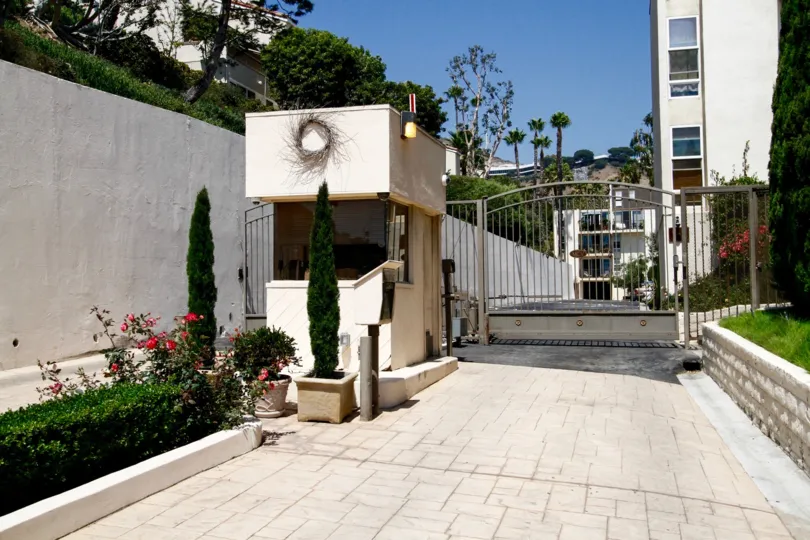 The gated entrance into Malibu Canyon Village