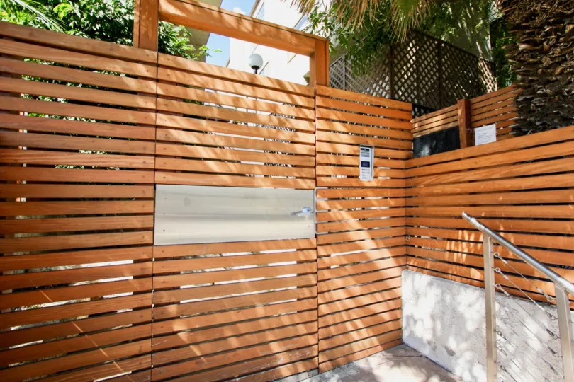 The wooden entrance into Pacific Breeze in Mar Vista, California