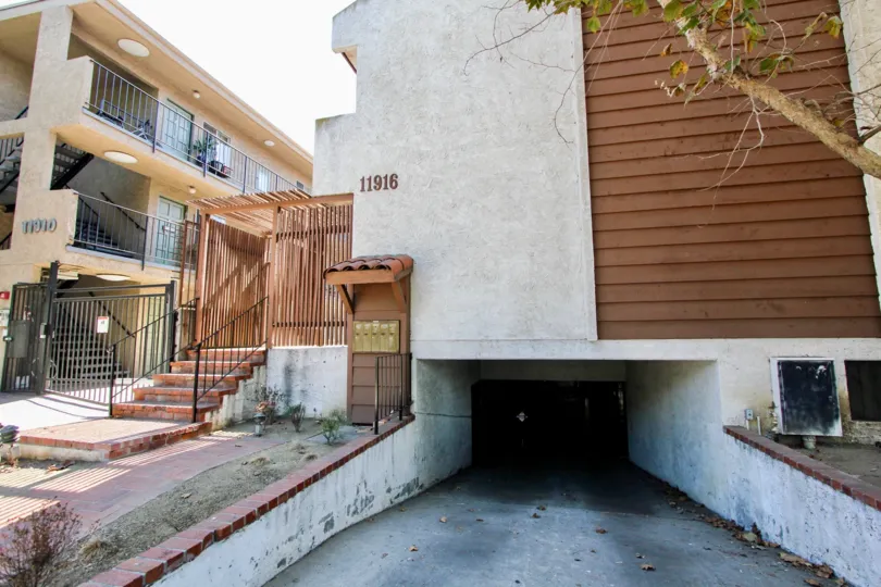 The parking for residents of Venice Blvd Townhomes